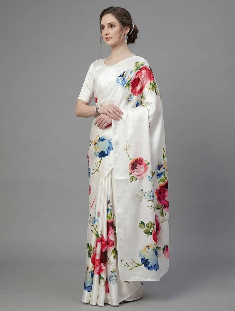 White printed satin saree with blouse piece