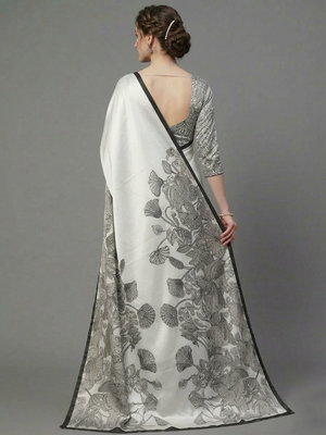 White printed satin saree with blouse piece 2