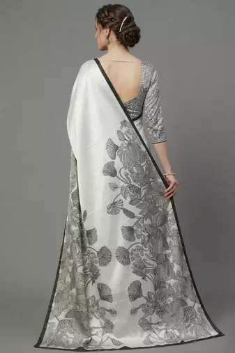 White printed satin saree with blouse piece