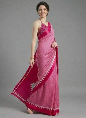 Pink printed satin saree with blouse piece 2