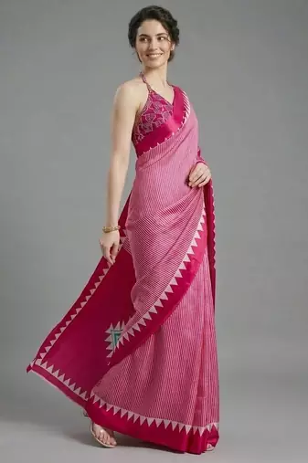 Pink printed satin saree with blouse piece