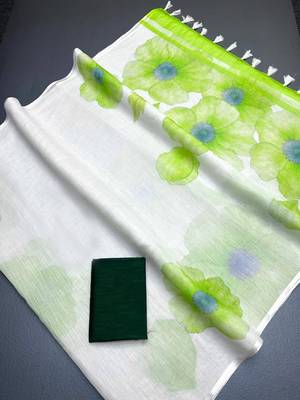 Green woven linen saree with blouse piece 4