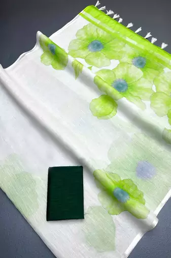 Green woven linen saree with blouse piece