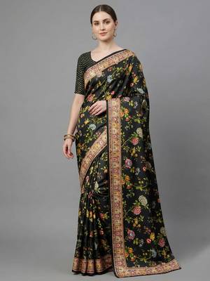 Black printed satin saree with blouse piece 1