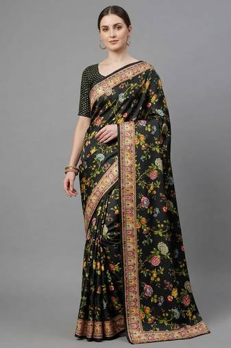 Black printed satin saree with blouse piece