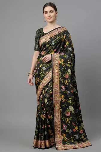 Black printed satin saree with blouse piece