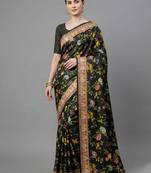 Black printed satin saree with blouse piece