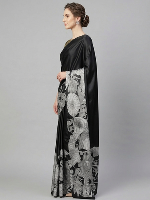 Black printed satin saree with blouse piece 2