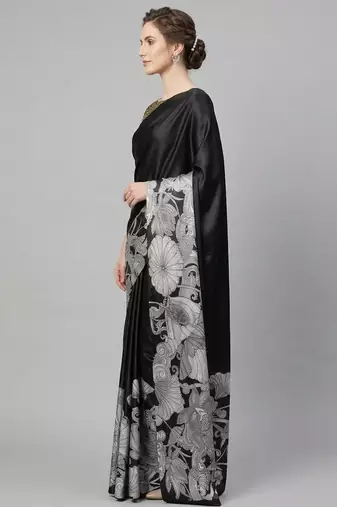 Black printed satin saree with blouse piece