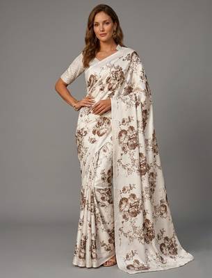 White printed satin saree with blouse piece 1