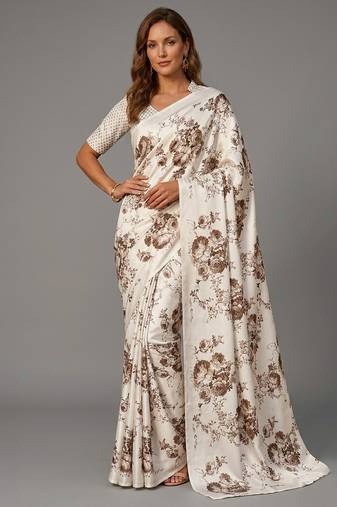 White printed satin saree with blouse piece