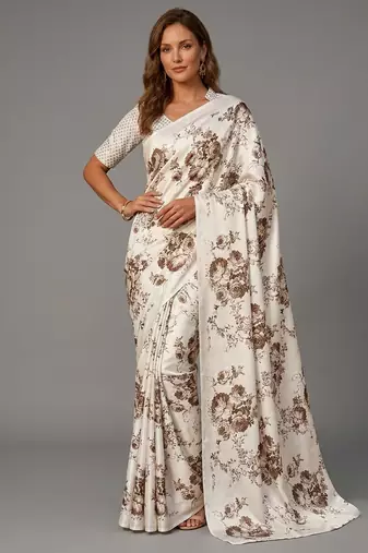 White printed satin saree with blouse piece