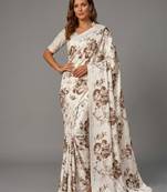 White printed satin saree with blouse piece