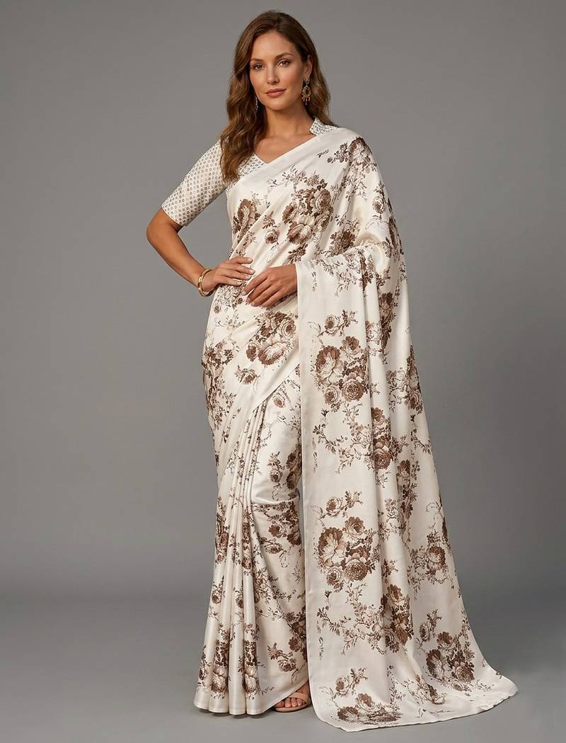 White printed satin saree with blouse piece