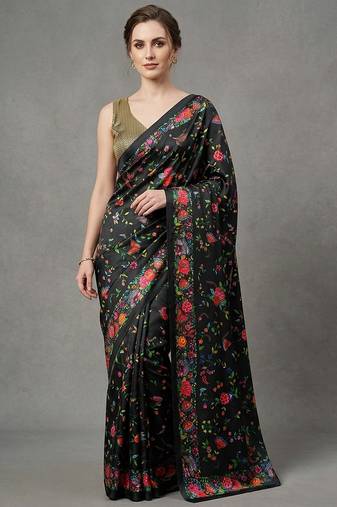Black printed satin saree with blouse piece