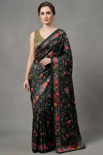 Black printed satin saree with blouse piece