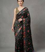 Black printed satin saree with blouse piece