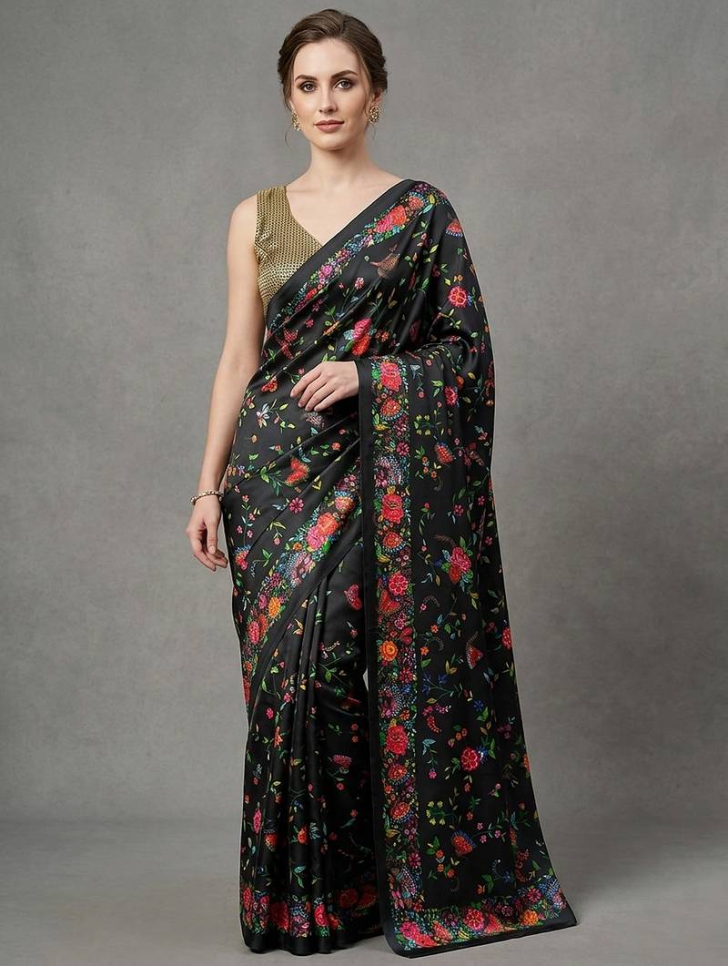 Black printed satin saree with blouse piece