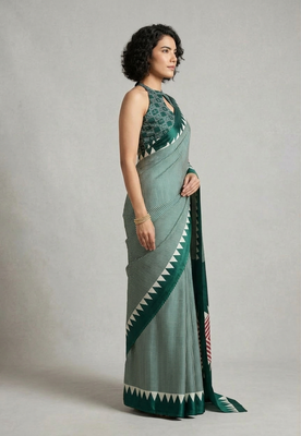 Turquoise printed satin saree with blouse piece 2