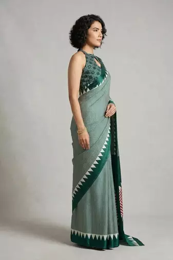 Turquoise printed satin saree with blouse piece