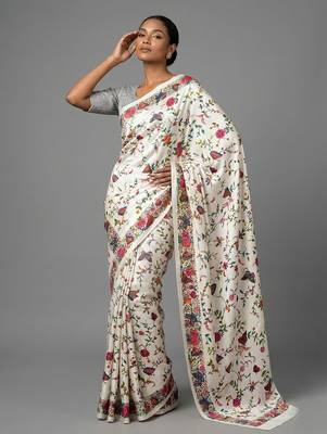 White printed satin saree with blouse piece 1