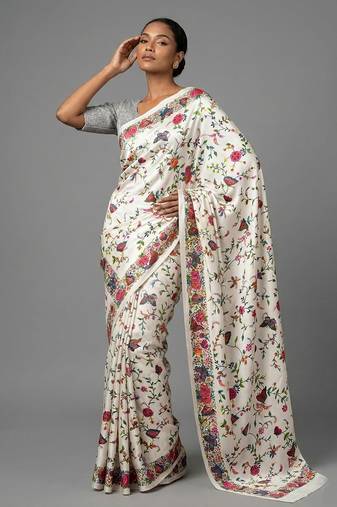 White printed satin saree with blouse piece