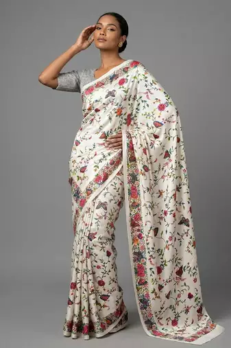 White printed satin saree with blouse piece