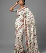 White printed satin saree with blouse piece