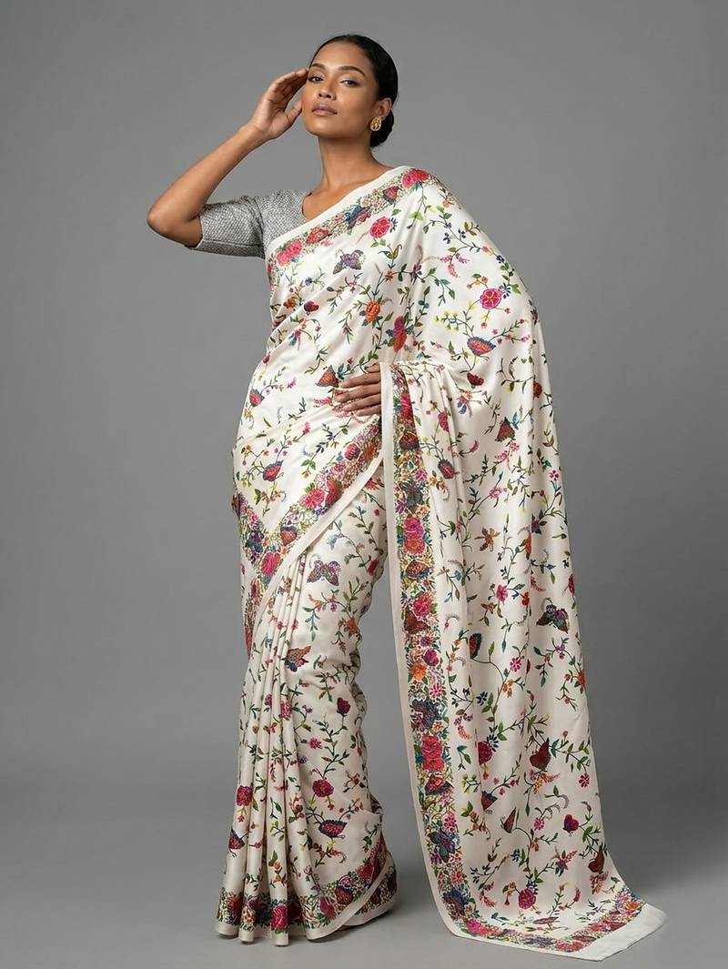 White printed satin saree with blouse piece