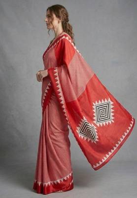 Red printed satin saree with blouse piece 2