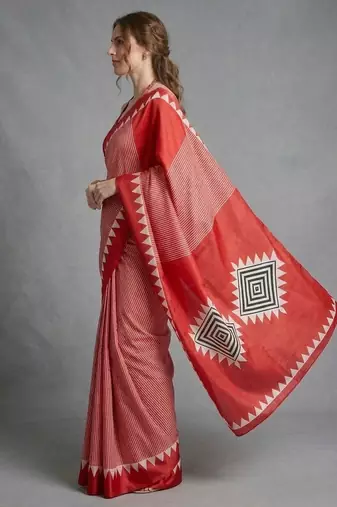 Red printed satin saree with blouse piece