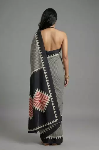 Black printed satin saree with blouse piece