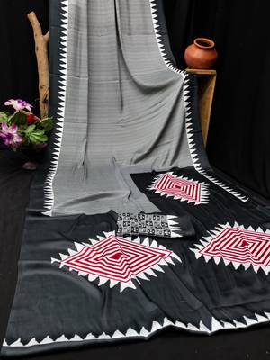 Black printed satin saree with blouse piece 4