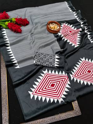 Black printed satin saree with blouse piece 5
