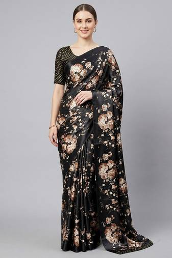 Black printed satin saree with blouse piece