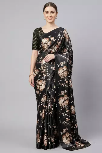 Black printed satin saree with blouse piece