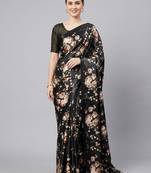 Black printed satin saree with blouse piece