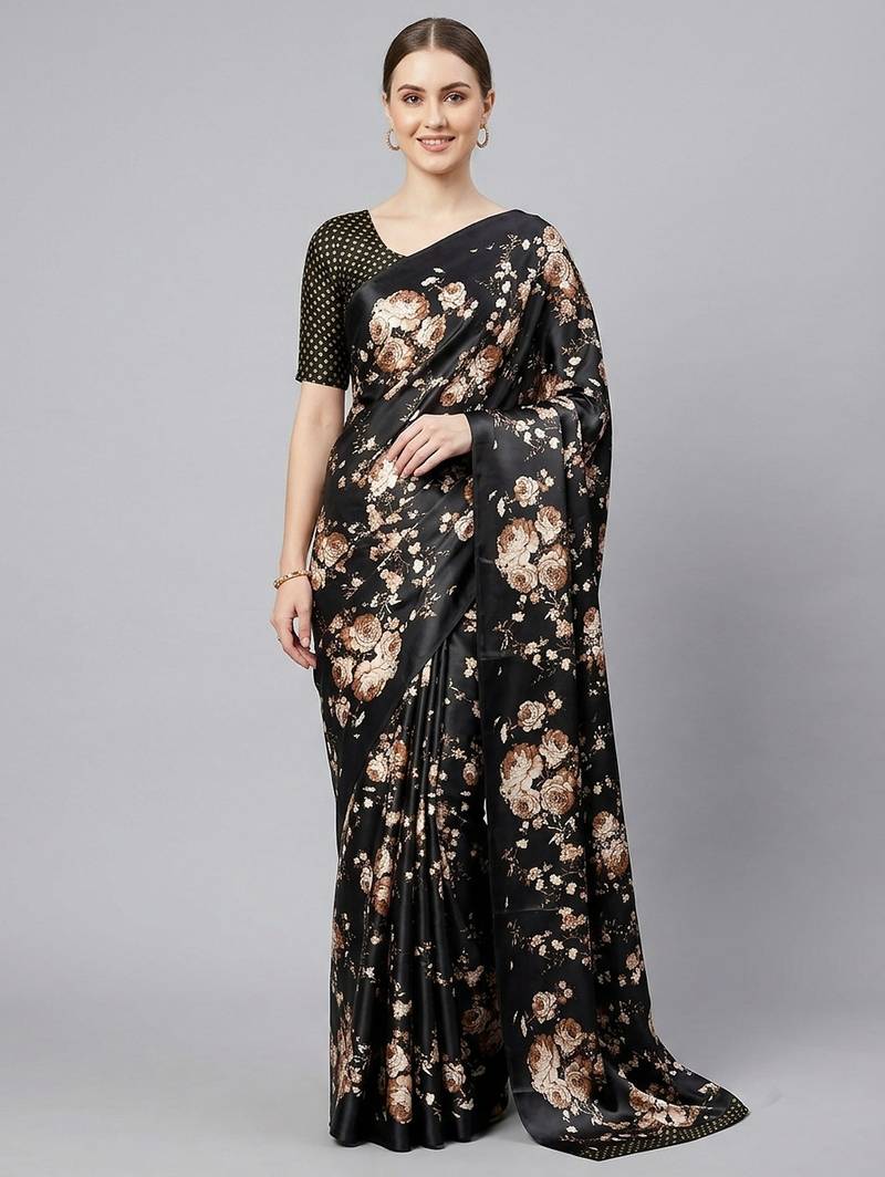 Black printed satin saree with blouse piece