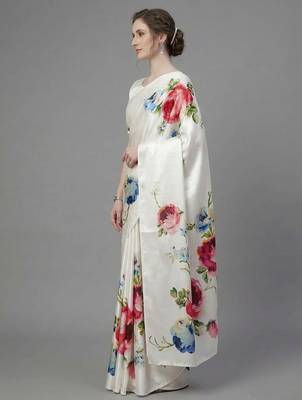 White printed satin saree with blouse piece 2