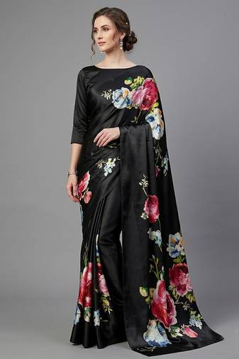 Black printed satin saree with blouse piece