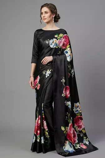 Black printed satin saree with blouse piece