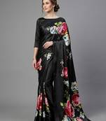 Black printed satin saree with blouse piece