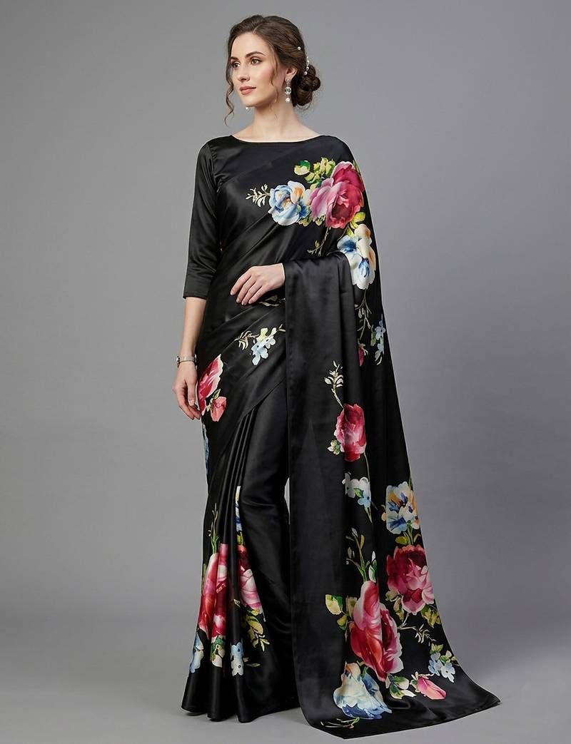Black printed satin saree with blouse piece