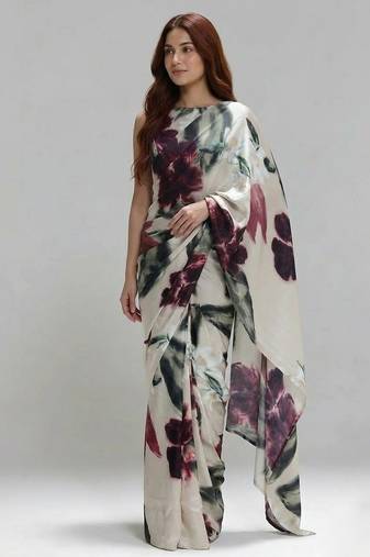 Off white printed satin saree with blouse piece