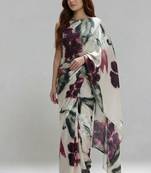 Off white printed satin saree with blouse piece