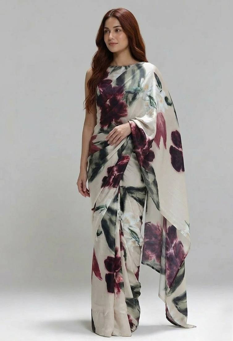 Off white printed satin saree with blouse piece