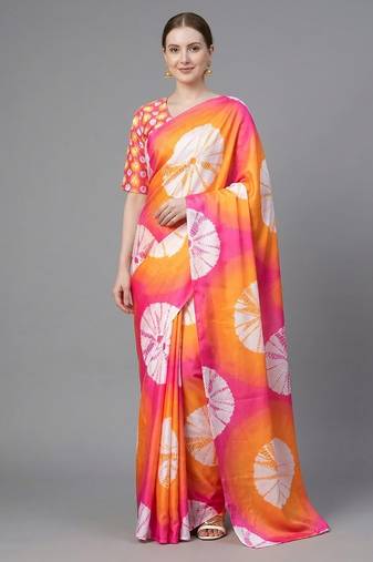 Orange printed satin saree with blouse piece
