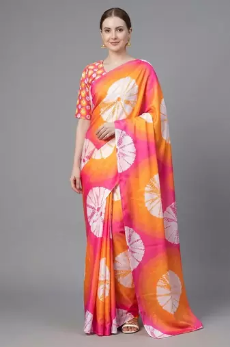 Orange printed satin saree with blouse piece