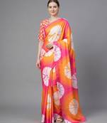 Orange printed satin saree with blouse piece