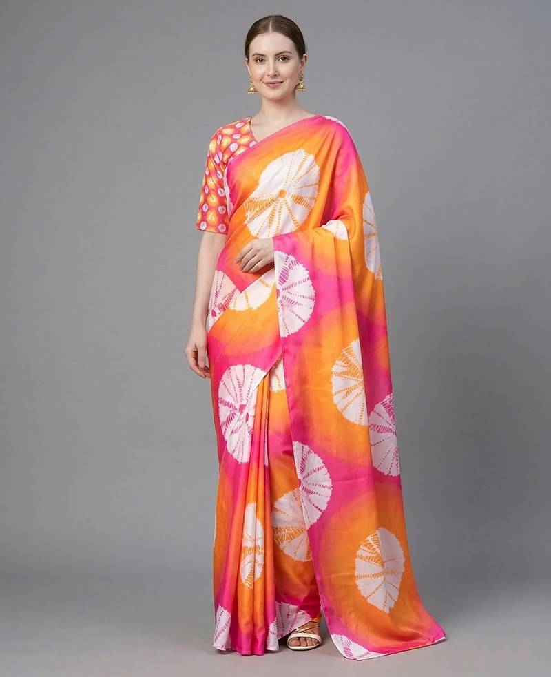 Orange printed satin saree with blouse piece